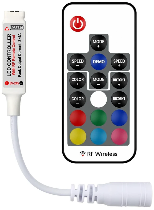 Main image of RF Wireless Remote LED Controller for 5-24V 5050 3528 Light Strip | Mini 4-Pin controller+RF remote with memory, 3 channels,12A output, 19 dynamic modes, 20 static colors, 5 speed levels