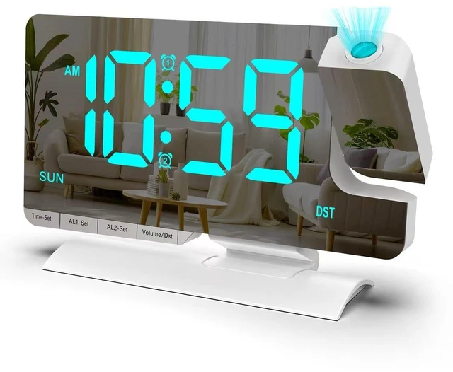 Main image of Projection Clock for Bedroom Ceiling, White Digital Alarm Clock Teens Decor | 7.3 inch Large Mirror Bedside Desk Clock 6-Level Brightness Loud Alarm USB & Type-C Charger Snooze DST Date 2 Alarms