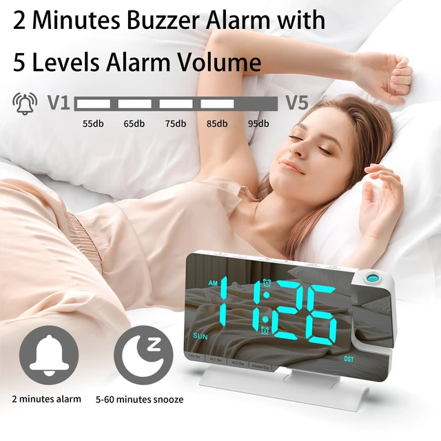 Alt view image 4 of 7 - Projection Clock for Bedroom Ceiling, White Digital Alarm Clock Teens Decor | 7.3 inch Large Mirror Bedside Desk Clock 6-Level Brightness Loud Alarm USB & Type-C Charger Snooze DST Date 2 Alarms