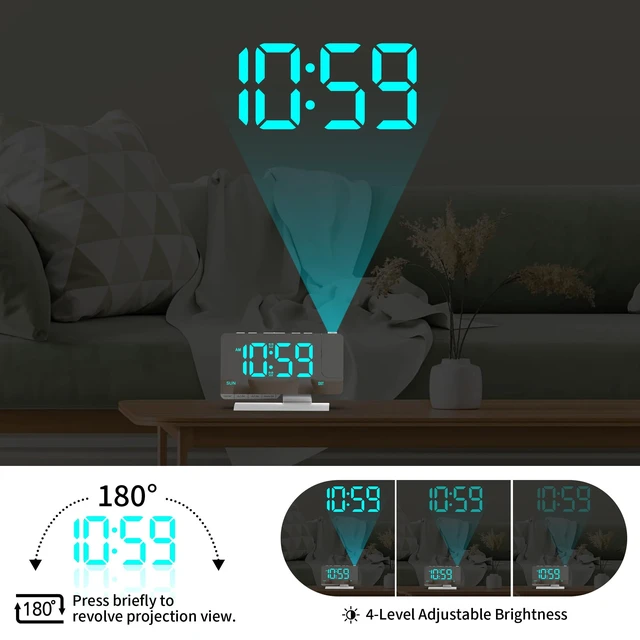Alt view image 2 of 7 - Projection Clock for Bedroom Ceiling, White Digital Alarm Clock Teens Decor | 7.3 inch Large Mirror Bedside Desk Clock 6-Level Brightness Loud Alarm USB & Type-C Charger Snooze DST Date 2 Alarms