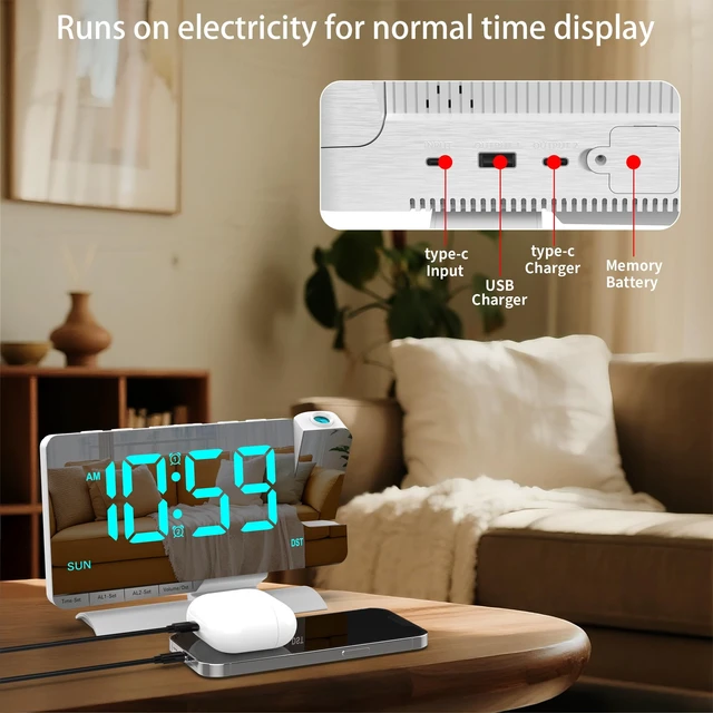 Alt view image 6 of 7 - Projection Clock for Bedroom Ceiling, White Digital Alarm Clock Teens Decor | 7.3 inch Large Mirror Bedside Desk Clock 6-Level Brightness Loud Alarm USB & Type-C Charger Snooze DST Date 2 Alarms
