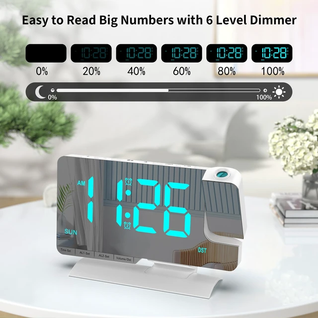 Alt view image 3 of 7 - Projection Clock for Bedroom Ceiling, White Digital Alarm Clock Teens Decor | 7.3 inch Large Mirror Bedside Desk Clock 6-Level Brightness Loud Alarm USB & Type-C Charger Snooze DST Date 2 Alarms