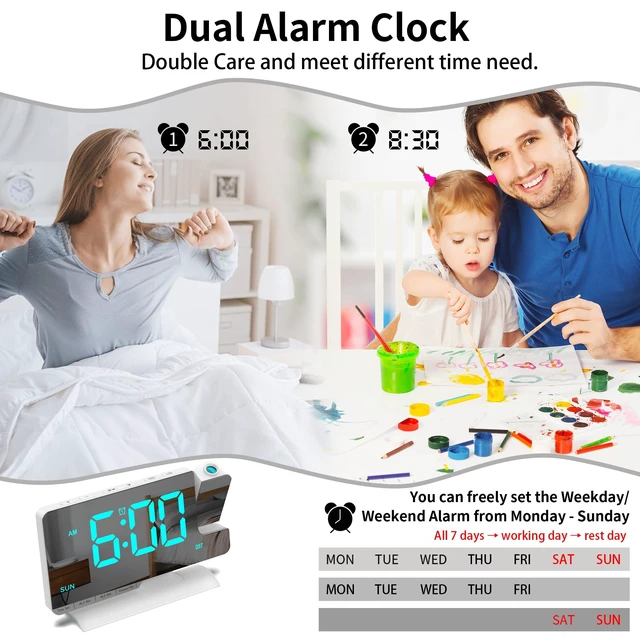 Alt view image 5 of 7 - Projection Clock for Bedroom Ceiling, White Digital Alarm Clock Teens Decor | 7.3 inch Large Mirror Bedside Desk Clock 6-Level Brightness Loud Alarm USB & Type-C Charger Snooze DST Date 2 Alarms