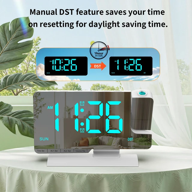 Alt view image 7 of 7 - Projection Clock for Bedroom Ceiling, White Digital Alarm Clock Teens Decor | 7.3 inch Large Mirror Bedside Desk Clock 6-Level Brightness Loud Alarm USB & Type-C Charger Snooze DST Date 2 Alarms