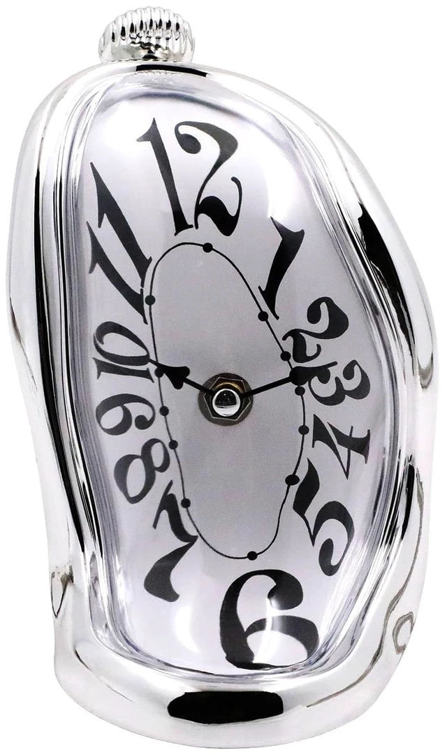 Main image of Melting Clock, Surrealist Distorted Table Clock, Roman Numeral Mantel Clock, Twisted Dali Style Timepiece, Silver Gold Black White Antique Gold, Home Decor (Silve)