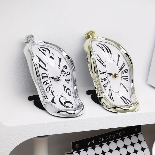Alt view image 2 of 7 - Melting Clock, Surrealist Distorted Table Clock, Roman Numeral Mantel Clock, Twisted Dali Style Timepiece, Silver Gold Black White Antique Gold, Home Decor (Silve)