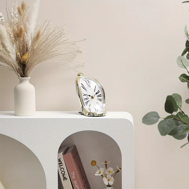 Alt view image 4 of 7 - Melting Clock, Surrealist Distorted Table Clock, Roman Numeral Mantel Clock, Twisted Dali Style Timepiece, Silver Gold Black White Antique Gold, Home Decor (Silve)