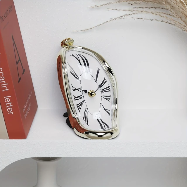 Alt view image 6 of 7 - Melting Clock, Surrealist Distorted Table Clock, Roman Numeral Mantel Clock, Twisted Dali Style Timepiece, Silver Gold Black White Antique Gold, Home Decor (Silve)