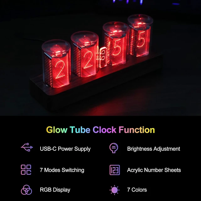 Alt view image 2 of 6 - LED Nixie Tube Clock, Small Digital Clock with 7 Modes Display, Digital Alarm Clock with Hours/Minutes/Countdown/Brightness Adjustment - 12/24H Display, Glow Tube Clock, Ideal Gift for Friend