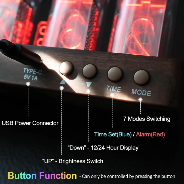 Alt view image 5 of 6 - LED Nixie Tube Clock, Small Digital Clock with 7 Modes Display, Digital Alarm Clock with Hours/Minutes/Countdown/Brightness Adjustment - 12/24H Display, Glow Tube Clock, Ideal Gift for Friend