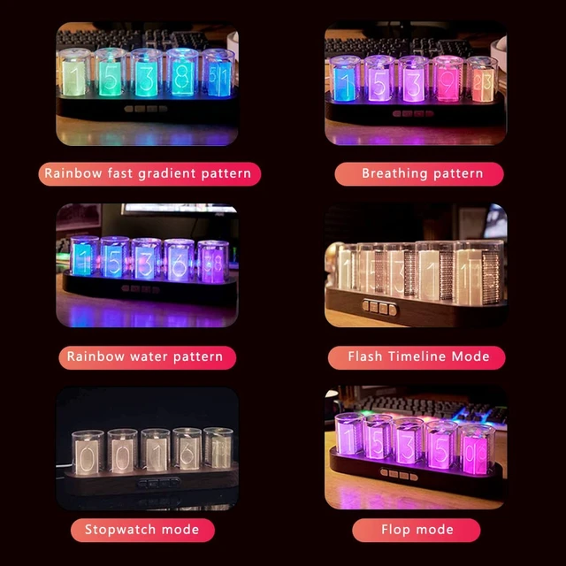Alt view image 4 of 6 - Imitation Nixie Tube Clock RGB Creative Clock with 16 Million Colors and Customizable Modes, 12/24H,Retro Gift, Office Decor, Cool Desktop Clocks