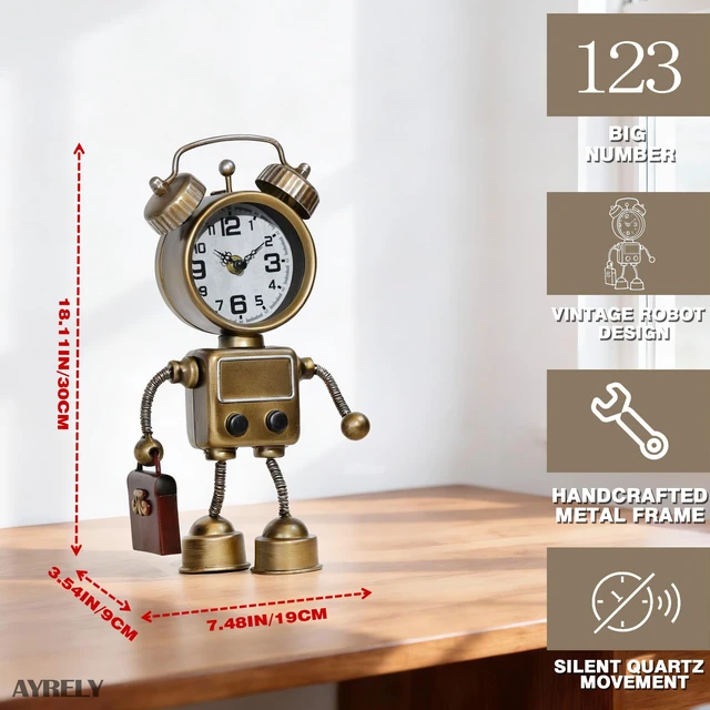Alt view image 4 of 7 - Industrial Steampunk Robot Table Clock,Battery Operated Metal Desk&Shelf Clock,Retro Mechanical Decorative Clock for Home,Living Room,Fireplace Decor