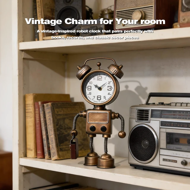 Alt view image 7 of 7 - Industrial Steampunk Robot Table Clock,Battery Operated Metal Desk&Shelf Clock,Retro Mechanical Decorative Clock for Home,Living Room,Fireplace Decor