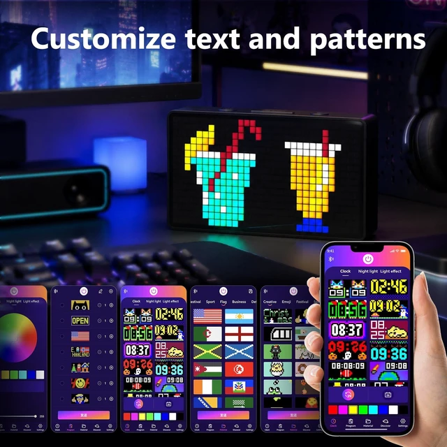 Alt view image 3 of 6 - Bluetooth APP Custom Digital LED Display Alarm Clocks for Bedrooms | Custom LED Clock with Date Timer, DIY Display & Games for Desk