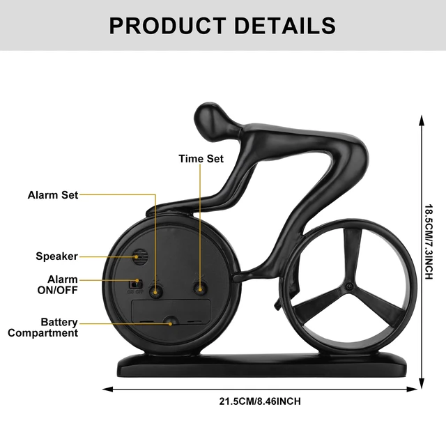 Alt view image 6 of 7 - Racing Bicycle Desk Alarm Clock Battery Operated, Glow-in-the-Dark Dial, Silent Non-Ticking | Unique Cycling Gift for Cyclists, Students, Teachers | Office, Desk, Shelf Decor