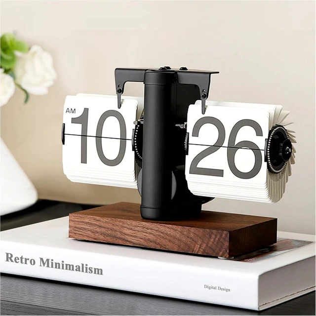 Main image of Flip Desk Clock, Black | Retro Vintage Mechanical, Large Numbers, Silent, Wood Base for Home Office Desk Decor, Living Room, Study Room