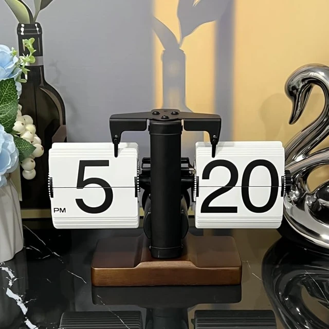 Alt view image 3 of 7 - Flip Desk Clock, Black | Retro Vintage Mechanical, Large Numbers, Silent, Wood Base for Home Office Desk Decor, Living Room, Study Room