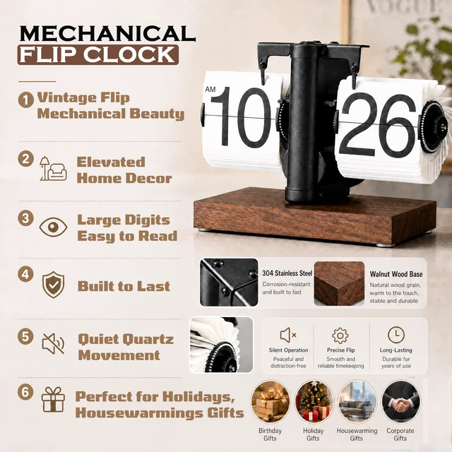 Alt view image 2 of 7 - Flip Desk Clock, Black | Retro Vintage Mechanical, Large Numbers, Silent, Wood Base for Home Office Desk Decor, Living Room, Study Room