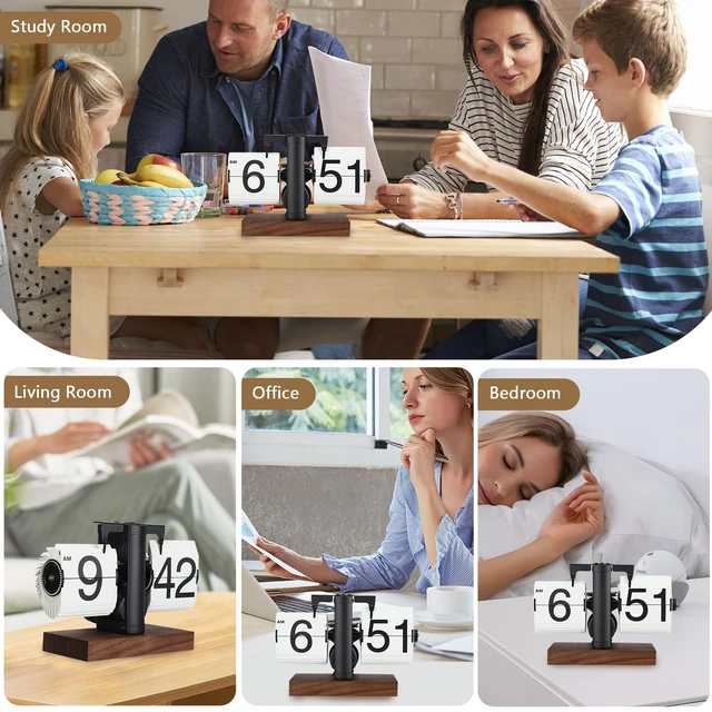 Alt view image 5 of 7 - Flip Desk Clock, Black | Retro Vintage Mechanical, Large Numbers, Silent, Wood Base for Home Office Desk Decor, Living Room, Study Room