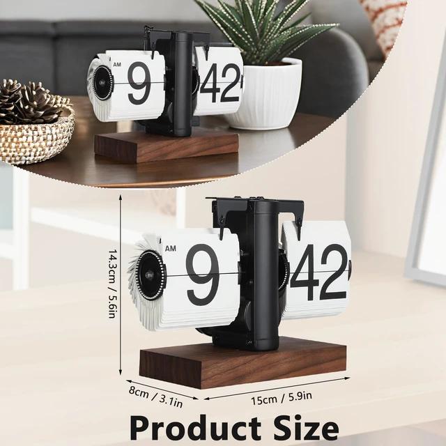 Alt view image 7 of 7 - Flip Desk Clock, Black | Retro Vintage Mechanical, Large Numbers, Silent, Wood Base for Home Office Desk Decor, Living Room, Study Room