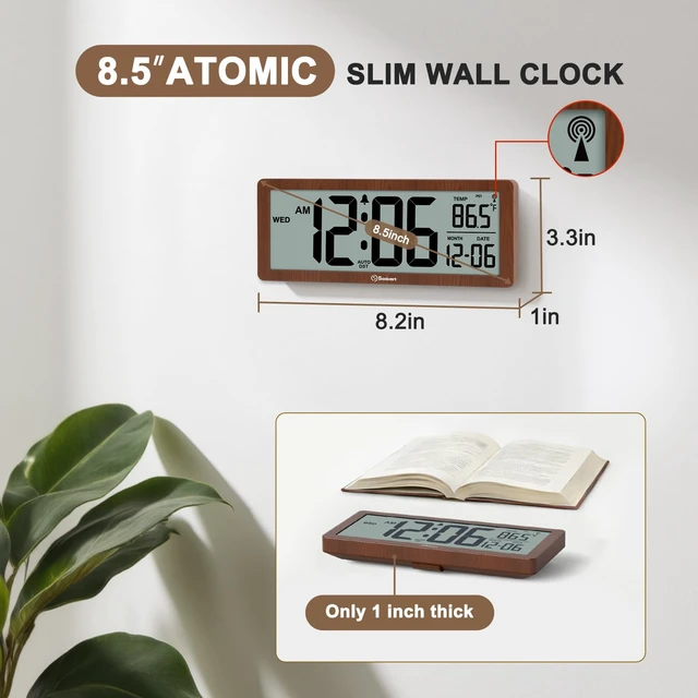 Alt view image 2 of 7 - 8.5" Small Atomic Clock, Self-Setting Time & Date Battery Operated | Digital Wall or Desk Clock, Never Needs Setting, Auto Nightlight, Manual Backlit, Accurate & Easy to Use,Temp, 4 Time Zones