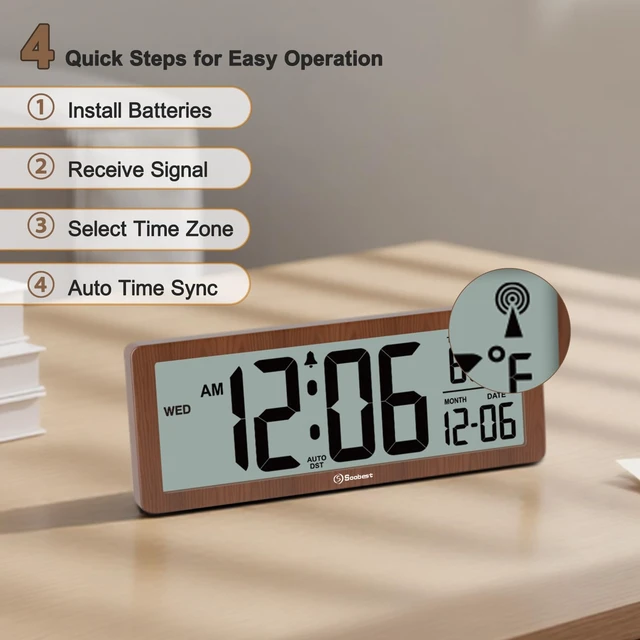 Alt view image 3 of 7 - 8.5" Small Atomic Clock, Self-Setting Time & Date Battery Operated | Digital Wall or Desk Clock, Never Needs Setting, Auto Nightlight, Manual Backlit, Accurate & Easy to Use,Temp, 4 Time Zones