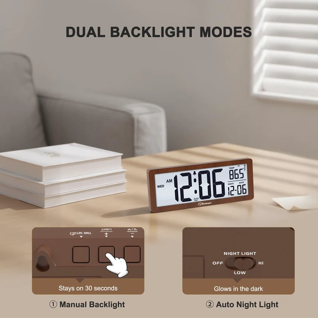 Alt view image 5 of 7 - 8.5" Small Atomic Clock, Self-Setting Time & Date Battery Operated | Digital Wall or Desk Clock, Never Needs Setting, Auto Nightlight, Manual Backlit, Accurate & Easy to Use,Temp, 4 Time Zones