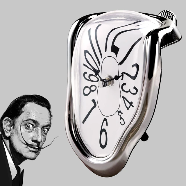 Alt view image 2 of 7 - Silver Melting Clock for Shelf, Unique Salvador Dali Clock | Silent Non Ticking Analog Table Clock Battery Operated, Melted Clock Decor for Mantel Desk Living Room Kitchen Office Home