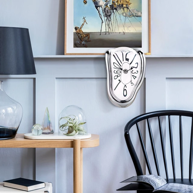 Alt view image 3 of 7 - Silver Melting Clock for Shelf, Unique Salvador Dali Clock | Silent Non Ticking Analog Table Clock Battery Operated, Melted Clock Decor for Mantel Desk Living Room Kitchen Office Home