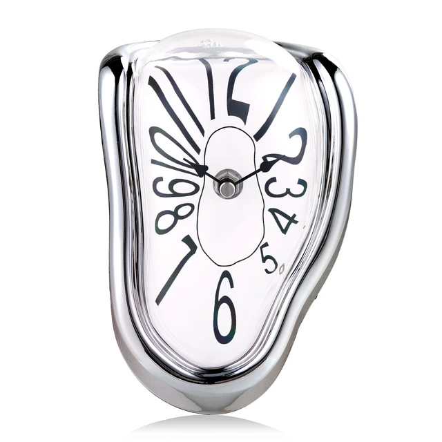 Alt view image 5 of 7 - Silver Melting Clock for Shelf, Unique Salvador Dali Clock | Silent Non Ticking Analog Table Clock Battery Operated, Melted Clock Decor for Mantel Desk Living Room Kitchen Office Home