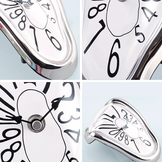 Alt view image 7 of 7 - Silver Melting Clock for Shelf, Unique Salvador Dali Clock | Silent Non Ticking Analog Table Clock Battery Operated, Melted Clock Decor for Mantel Desk Living Room Kitchen Office Home