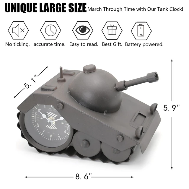 Alt view image 3 of 7 - Army Tank Desk Clock for Men - Military Veteran Gifts, Silent Non-Ticking Metal Tank Sculpture, Man Cave Office Desk Decor Handcrafted 8.6×5.1 Inches
