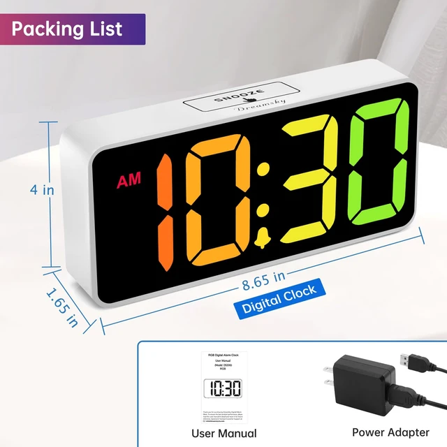 Alt view image 7 of 7 - Large Digital Alarm Clock Big Number for Seniors/Visually Impaired | RGB 9 Inches Desk Clock for Bedroom, Dimmable Jumbo Display, USB Ports, Loud Alarm for Heavy Sleepers, Adjustable Volume