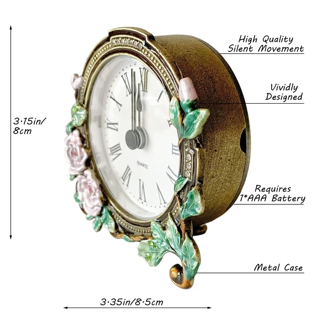 Alt view image 2 of 6 - Silent Mini Vintage Analog Table Clock with Hand-Painted Metal Body and Battery Operated Non-Ticking Core for Shelf, Bedroom, Bedside, Desk, Gift Clock