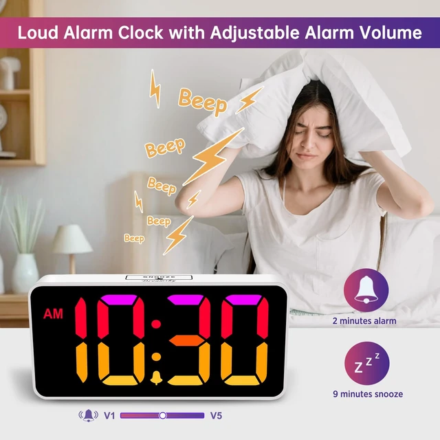 Alt view image 4 of 7 - Large Digital Alarm Clock Big Number for Seniors/Visually Impaired | RGB 9 Inches Desk Clock for Bedroom, Dimmable Jumbo Display, USB Ports, Loud Alarm for Heavy Sleepers, Adjustable Volume
