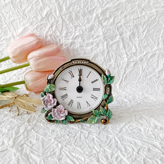 Alt view image 4 of 6 - Silent Mini Vintage Analog Table Clock with Hand-Painted Metal Body and Battery Operated Non-Ticking Core for Shelf, Bedroom, Bedside, Desk, Gift Clock