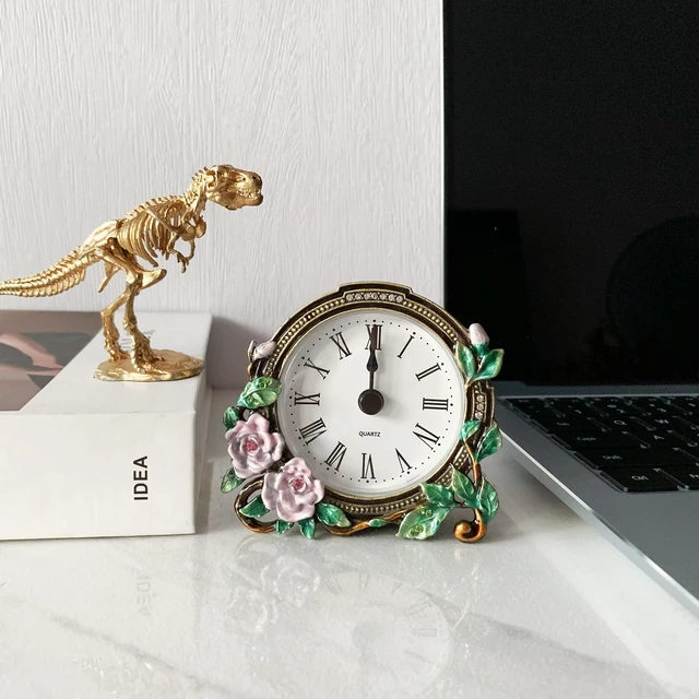 Alt view image 6 of 6 - Silent Mini Vintage Analog Table Clock with Hand-Painted Metal Body and Battery Operated Non-Ticking Core for Shelf, Bedroom, Bedside, Desk, Gift Clock