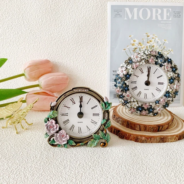 Alt view image 5 of 6 - Silent Mini Vintage Analog Table Clock with Hand-Painted Metal Body and Battery Operated Non-Ticking Core for Shelf, Bedroom, Bedside, Desk, Gift Clock