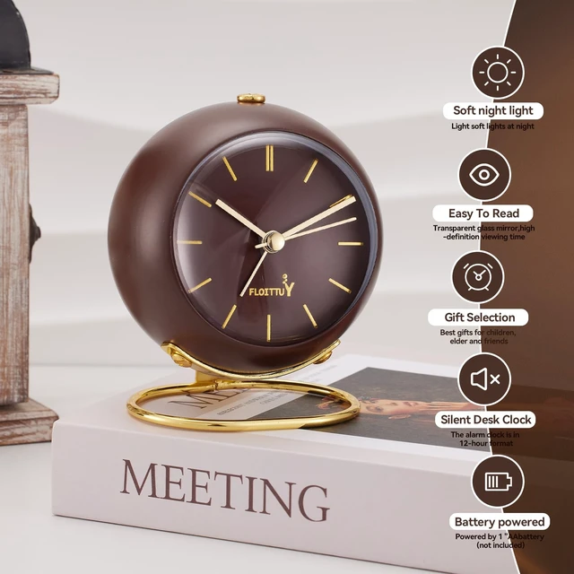 Alt view image 2 of 5 - Silent Table Analog Alarm Clock No Ticking, Lighted on Demand and Battery Operated, Beep Sounds, Small Desk Clock(Cocoa Brown)
