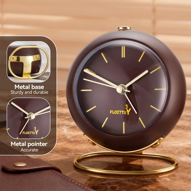 Alt view image 3 of 5 - Silent Table Analog Alarm Clock No Ticking, Lighted on Demand and Battery Operated, Beep Sounds, Small Desk Clock(Cocoa Brown)