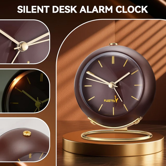 Alt view image 4 of 5 - Silent Table Analog Alarm Clock No Ticking, Lighted on Demand and Battery Operated, Beep Sounds, Small Desk Clock(Cocoa Brown)