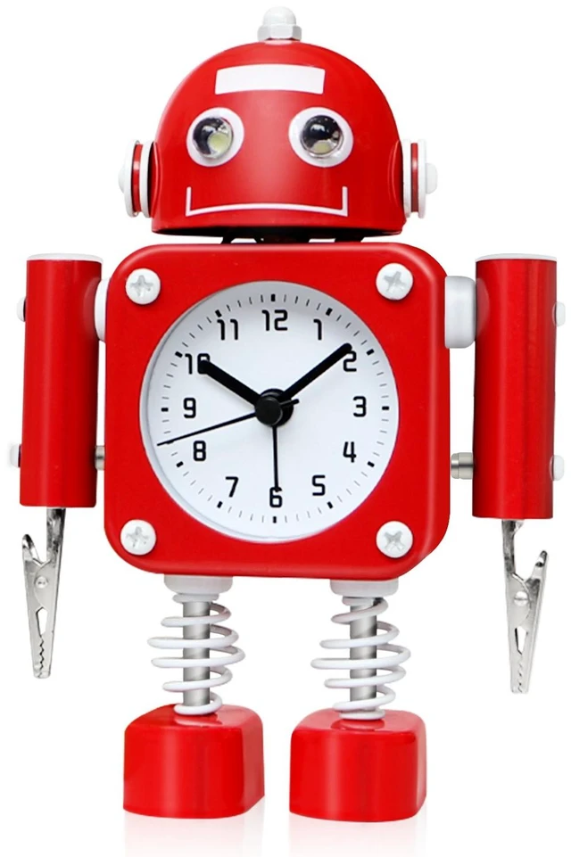 Main image of Non-Ticking Robot Alarm Clock Stainless Metal - Wake-up Clock with Flashing Eye Lights and Hand Clip (Ruby Red)