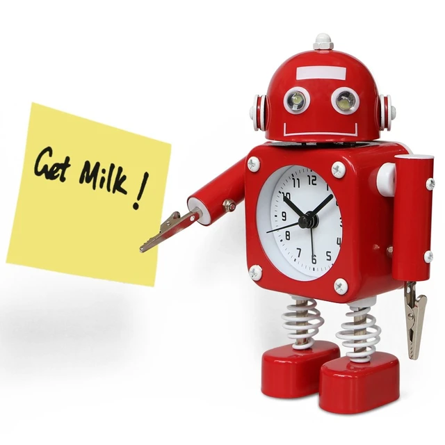 Alt view image 4 of 7 - Non-Ticking Robot Alarm Clock Stainless Metal - Wake-up Clock with Flashing Eye Lights and Hand Clip (Ruby Red)