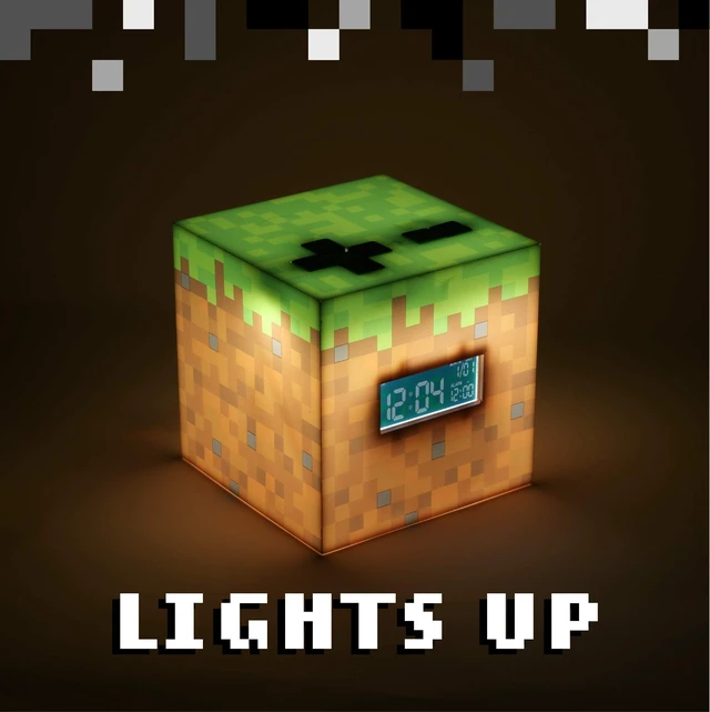 Alt view image 3 of 7 - Licensed Minecraft Grass Block Digital Alarm Clock, Light Up Lamp Plays Official in Game Music, Bedroom Decor for Minecraft Gamers, Tweens and Kids - Minecraft Gift