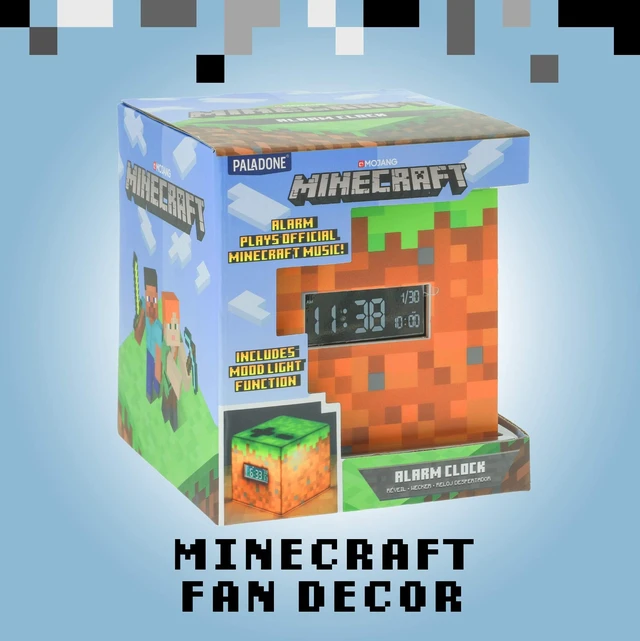 Alt view image 6 of 7 - Licensed Minecraft Grass Block Digital Alarm Clock, Light Up Lamp Plays Official in Game Music, Bedroom Decor for Minecraft Gamers, Tweens and Kids - Minecraft Gift