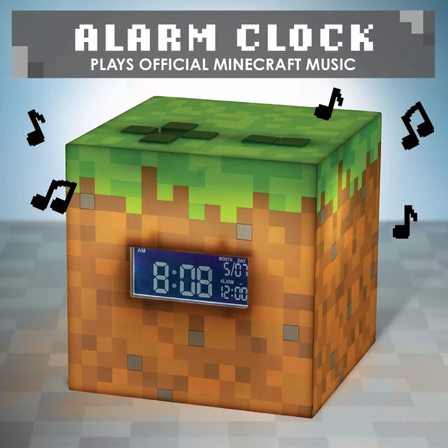 Alt view image 2 of 7 - Licensed Minecraft Grass Block Digital Alarm Clock, Light Up Lamp Plays Official in Game Music, Bedroom Decor for Minecraft Gamers, Tweens and Kids - Minecraft Gift