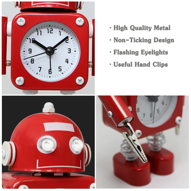 Alt view image 2 of 7 - Non-Ticking Robot Alarm Clock Stainless Metal - Wake-up Clock with Flashing Eye Lights and Hand Clip (Ruby Red)