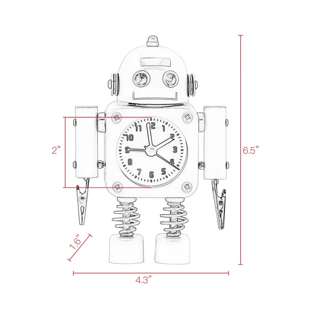 Alt view image 5 of 7 - Non-Ticking Robot Alarm Clock Stainless Metal - Wake-up Clock with Flashing Eye Lights and Hand Clip (Ruby Red)