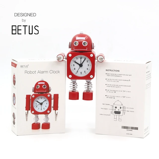Alt view image 6 of 7 - Non-Ticking Robot Alarm Clock Stainless Metal - Wake-up Clock with Flashing Eye Lights and Hand Clip (Ruby Red)
