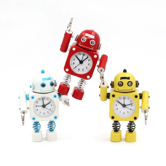 Alt view image 7 of 7 - Non-Ticking Robot Alarm Clock Stainless Metal - Wake-up Clock with Flashing Eye Lights and Hand Clip (Ruby Red)